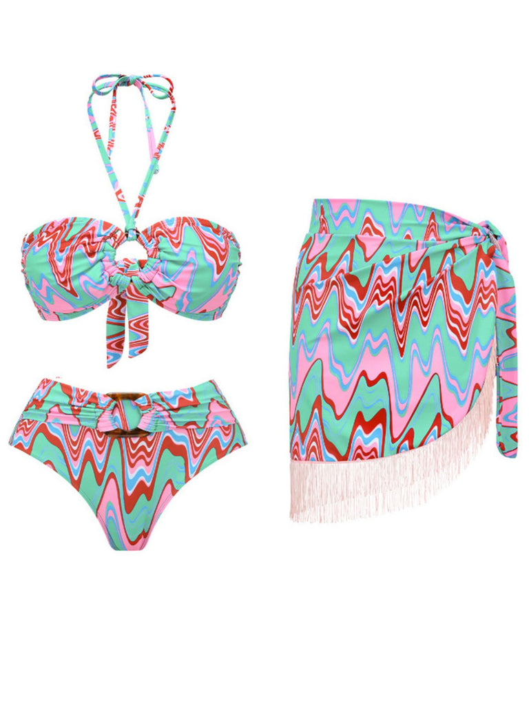3PCS 1970s Fringe Print Lace-up Halter Bikini Set & Cover Up