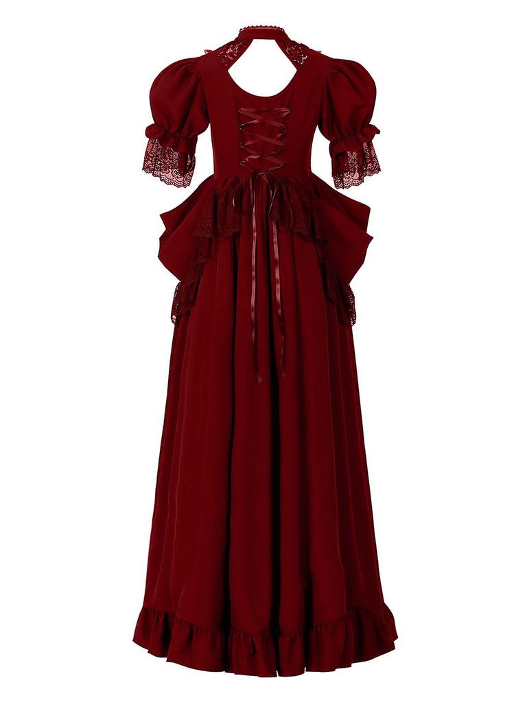 1930s Victorian Gothic Puff Sleeves Lace Dress