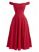 Red 1950s Solid Off-Shoulder Slit Fishbone Dress