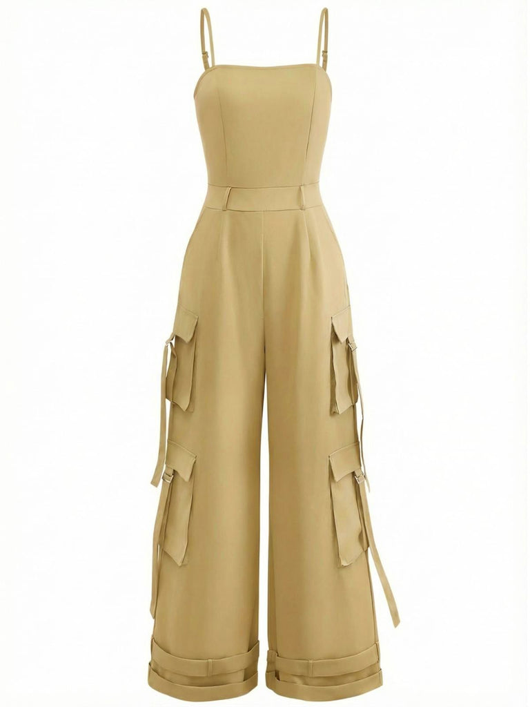 1970s Solid Spaghetti Strap Cargo Style Wide-Leg Jumpsuit