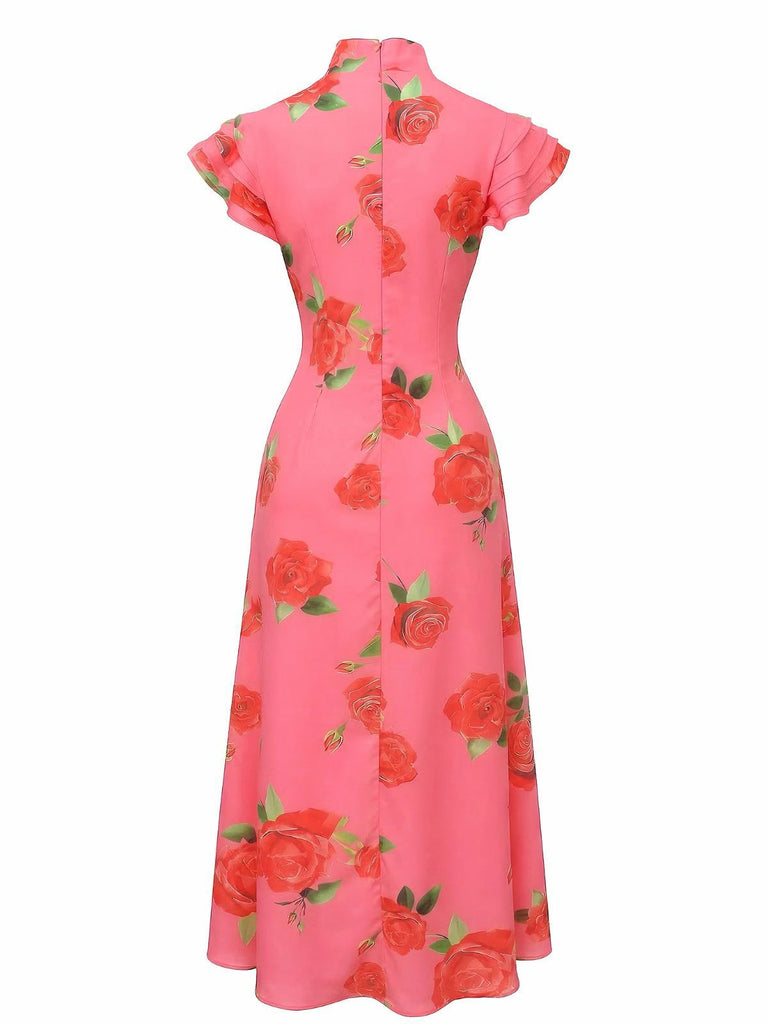 Pink 1930s Rose Ruffle-Sleeve High-Neck Maxi Dress