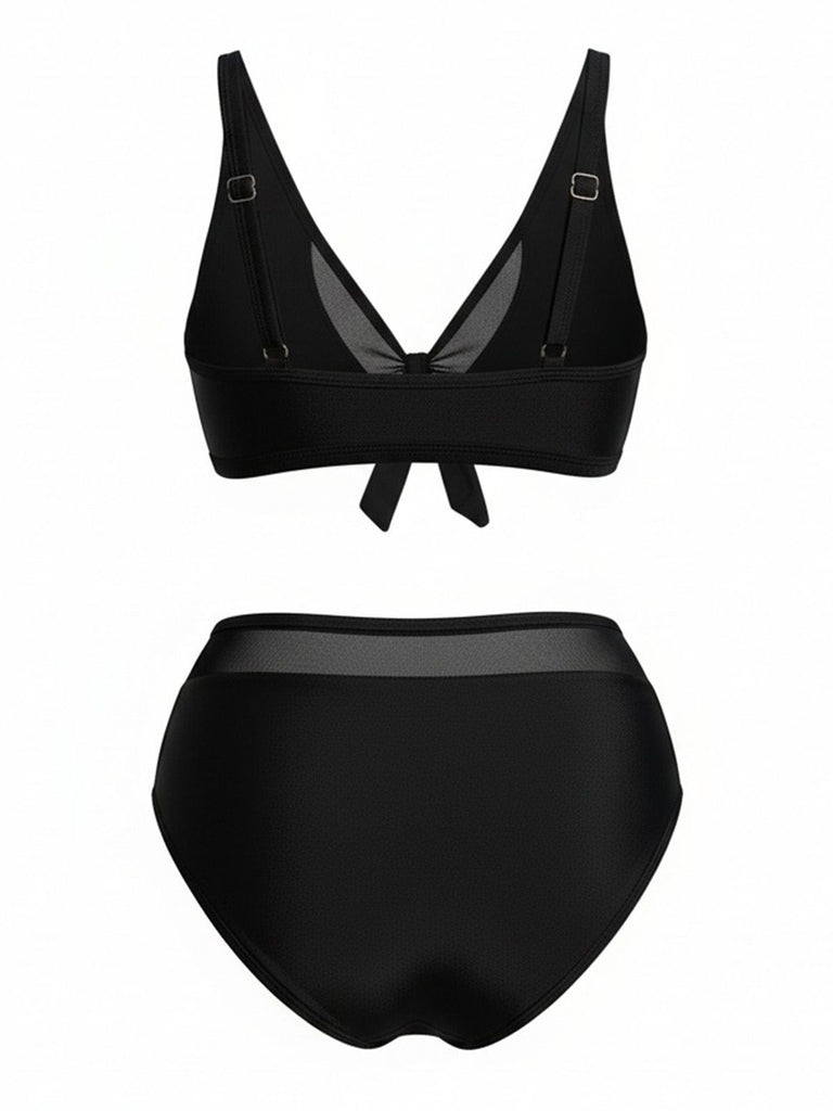 [Plus Size] Black 1980s Solid Adjustable Straps Tie Detail Bikini Set