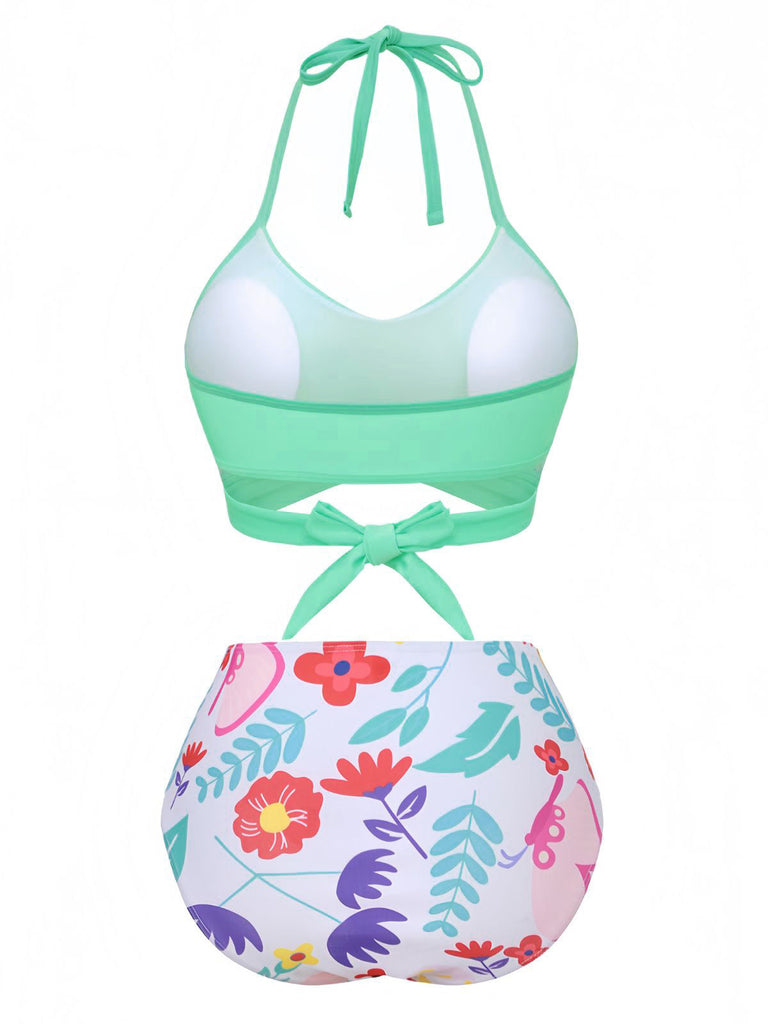 Mint Green 1940s Floral High-Waist Bikini Swimsuit