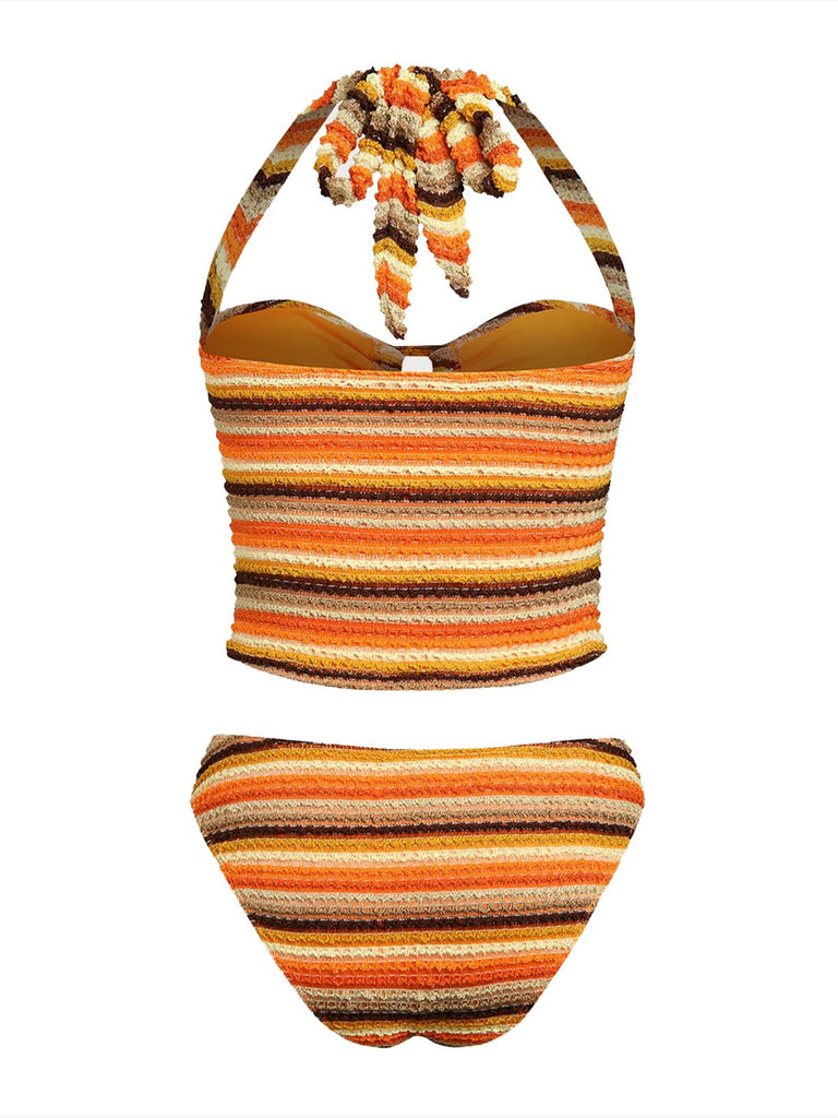 Orange 1980s Knit Striped Halter Swimsuit