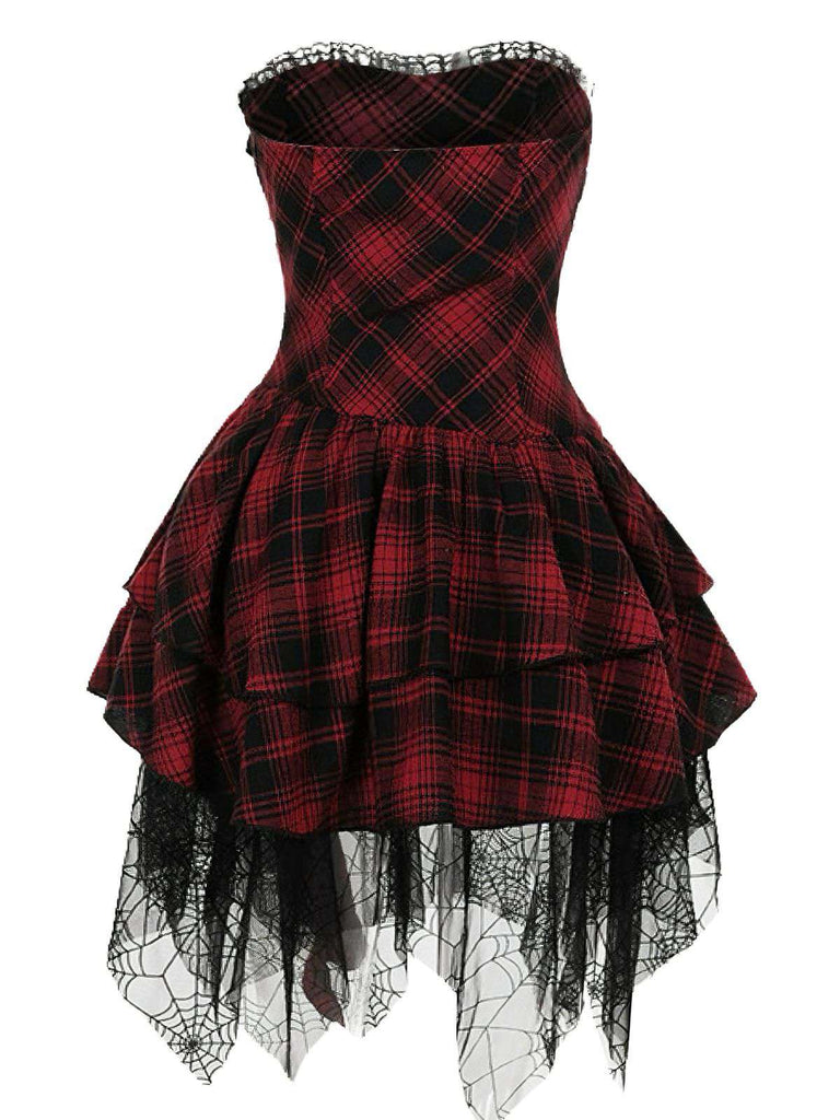 Red 1970s Spiderweb Mesh Tartan Strapless Dress