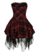 Red 1970s Spiderweb Mesh Tartan Strapless Dress