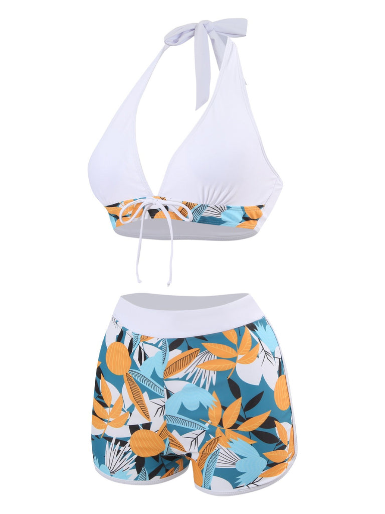 1970s V-Neck Tropical Plants Halter Swimsuit