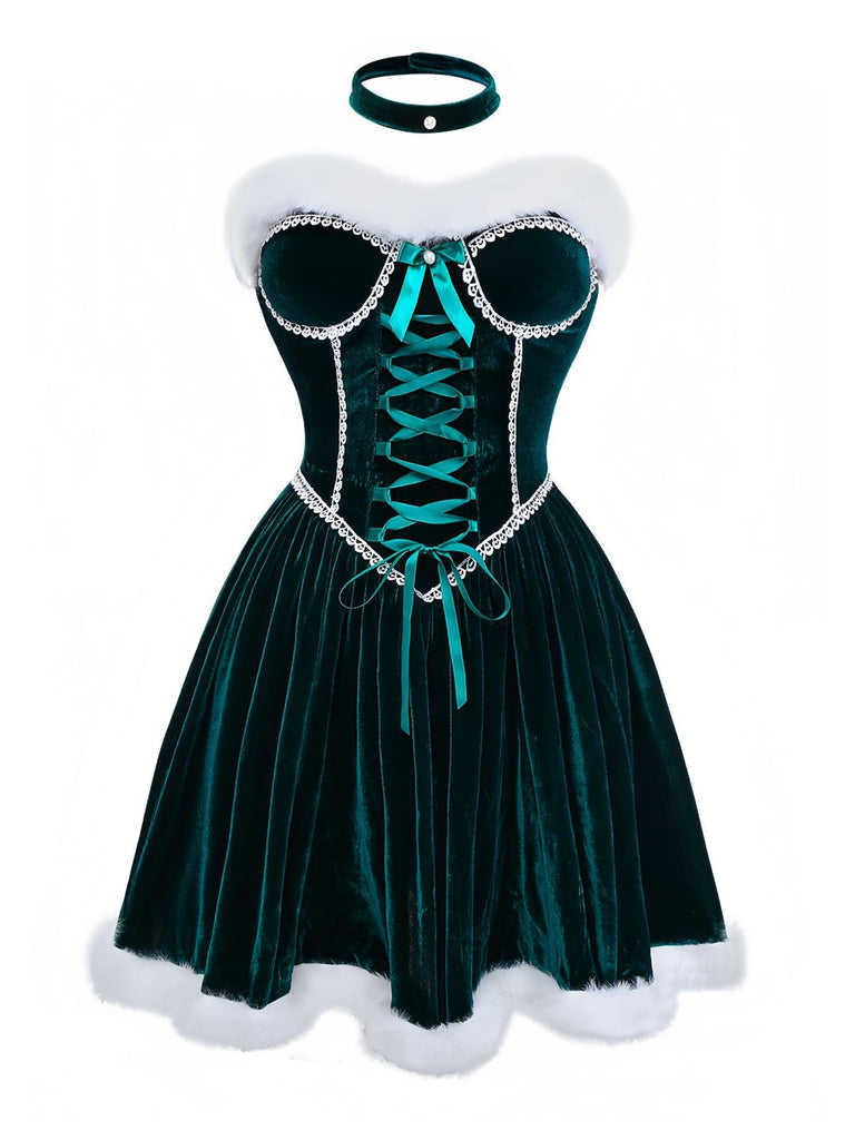 Green 1960s Velvet Fringe Strapless Mini Dress