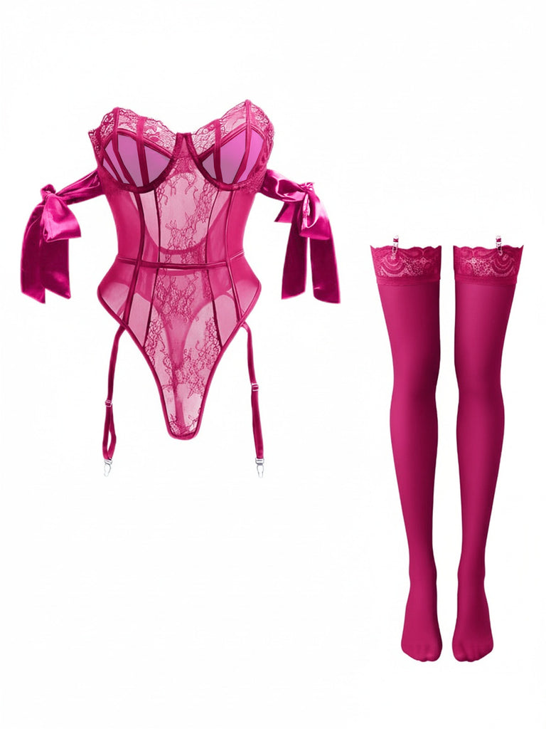 [Pre-Sale] 1980s Solid Bow Tie Bodysuit Pajama With Stockings Set