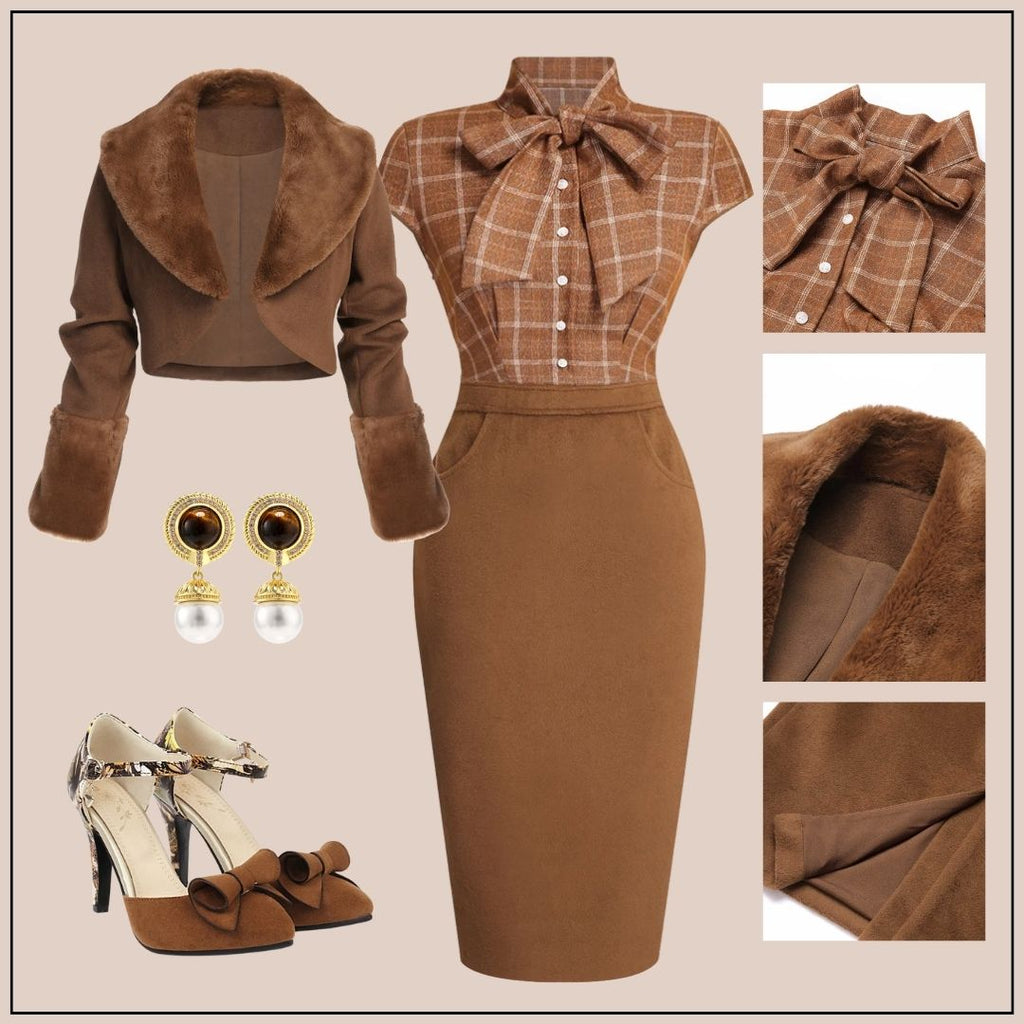 2PCS Brown Bolero Jacket & Plaid Pencil Dress