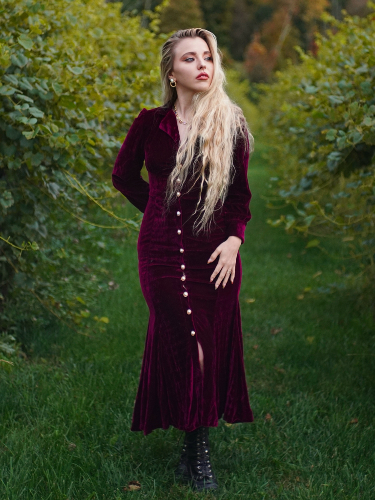 Red 1930s Velvet Pearl Lantern Sleeve Mermaid Dress