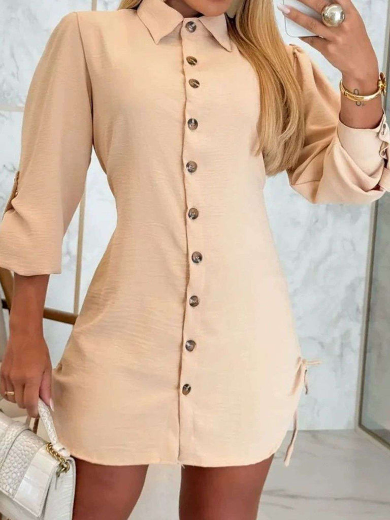 Beige 1970s Button Front Collared Long Sleeve Shirt Dress