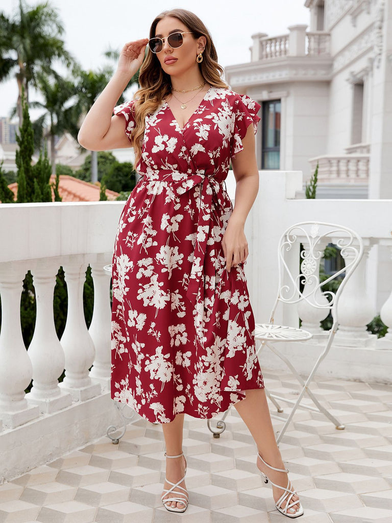 [Plus Size] Red 1940s Floral V-Neck Belted Dress