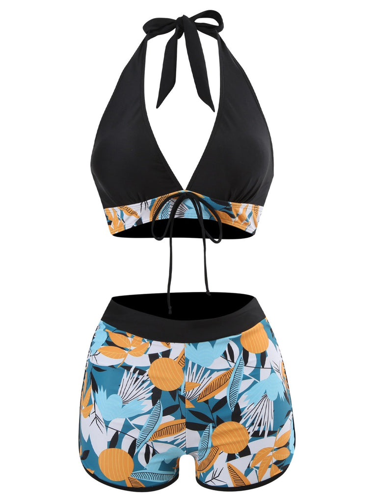 1970s V-Neck Tropical Plants Halter Swimsuit