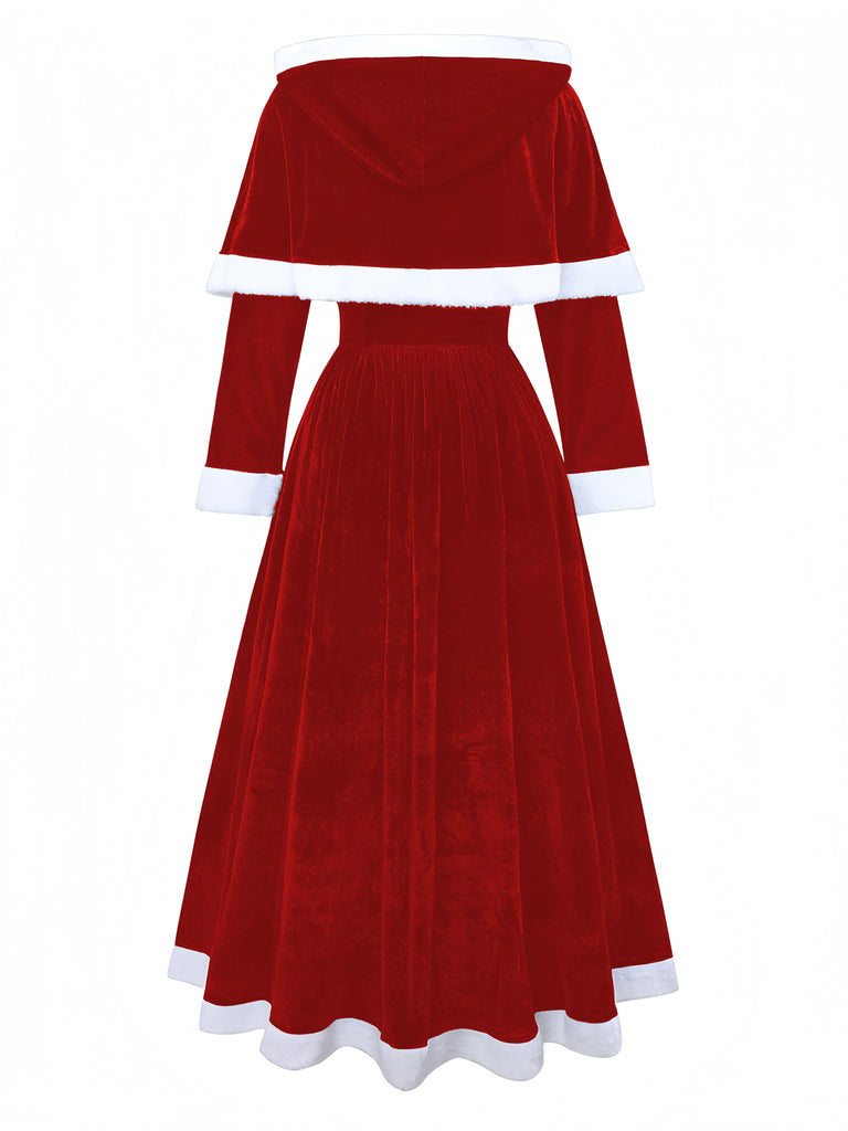 Red 1930s Christmas Mrs. Santa Claus Velvet Dress with Cape