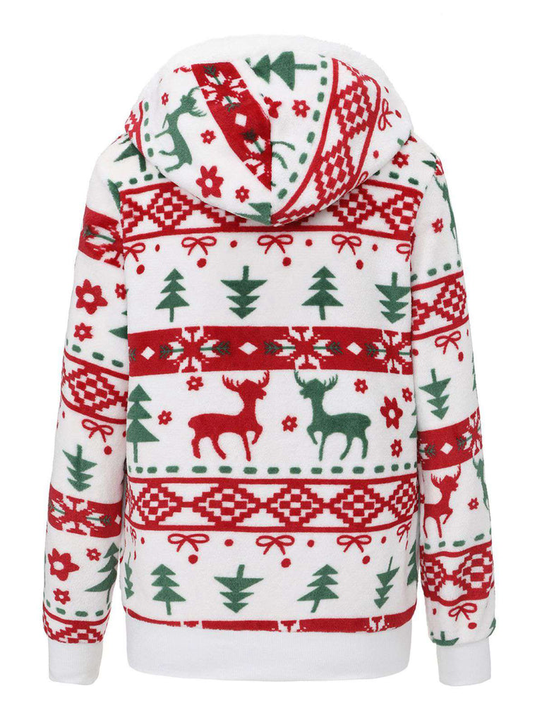 Multicolor 1940s Reindeer & Christmas Tree Plush Hoodie