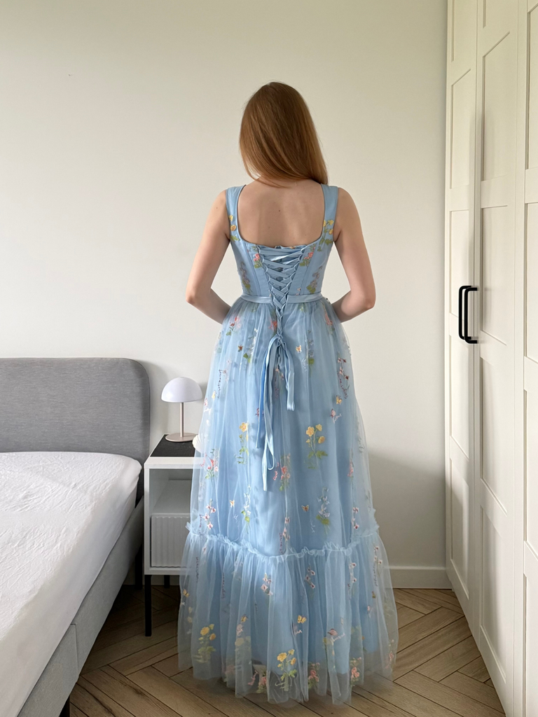 Light Blue 1930s Floral Mesh Boned Lace-Up Dress