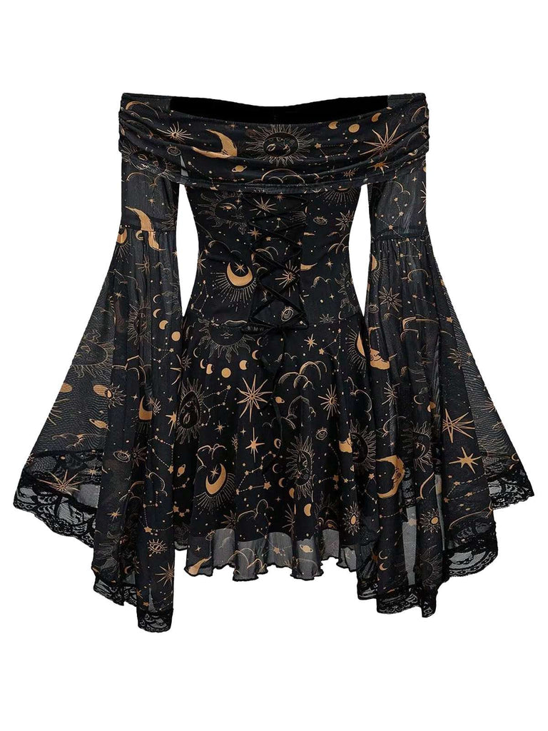 1980s Star Moon Sun Face Off-Shoulder Bell Sleeve Dress