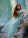 Green 1930s Floral Embroidered Mesh Strapless Dress