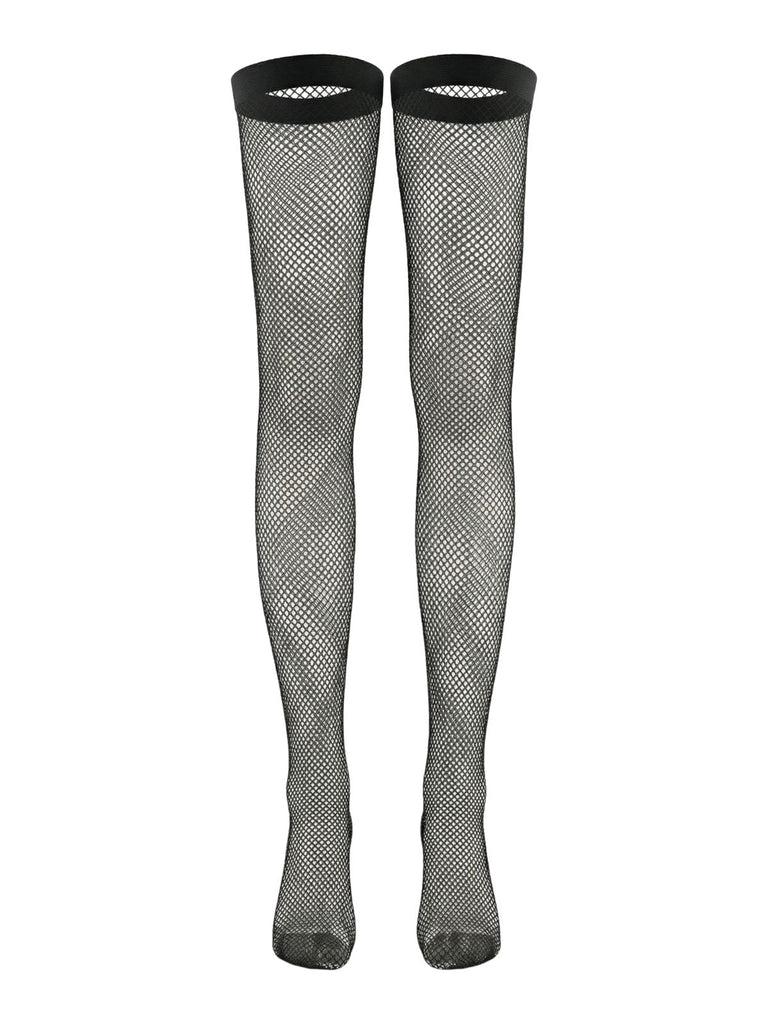 Black 1960s Lace Bow Corset Lingerie Set with Fishnet Stockings