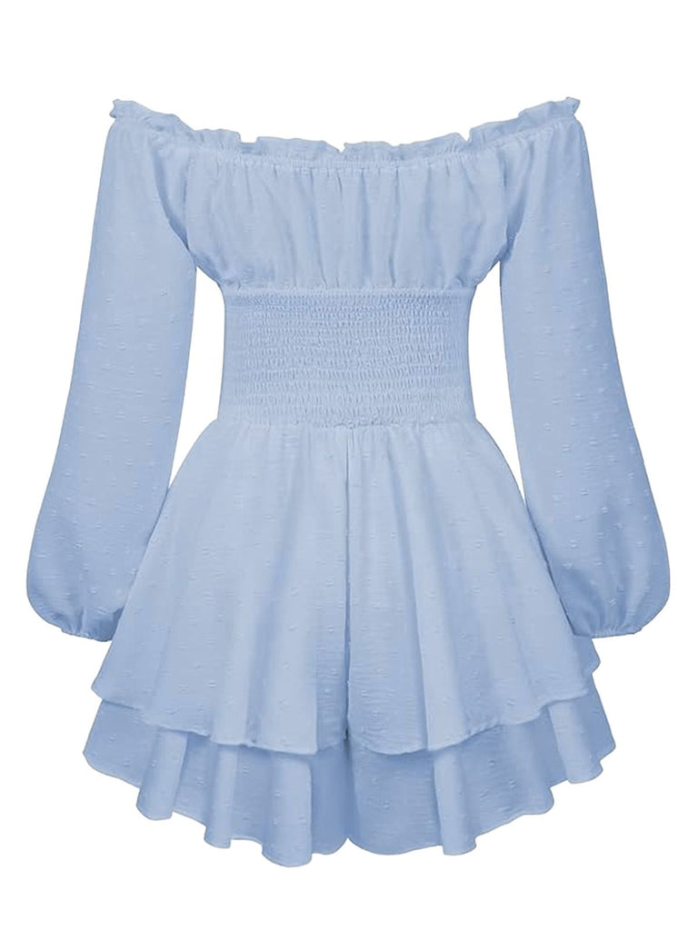 1950s Solid Off-Shoulder Long-Sleeve Smocked Mini Dress