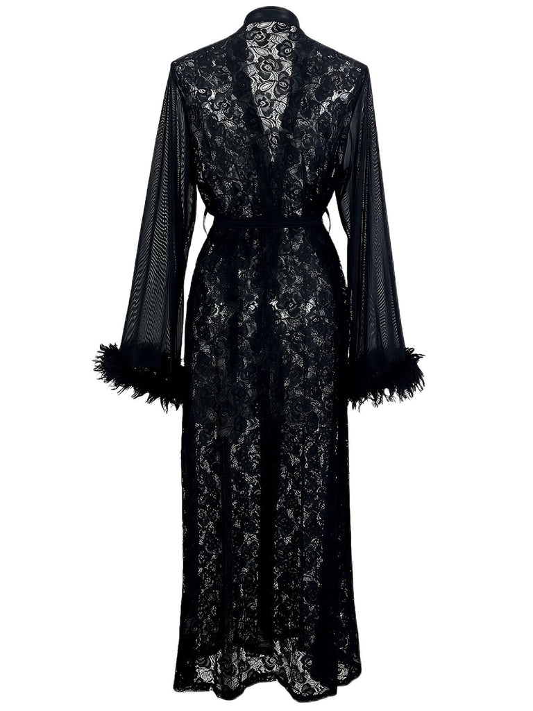 2PCS Black 1940s Lace Sheer Sleepwear Set