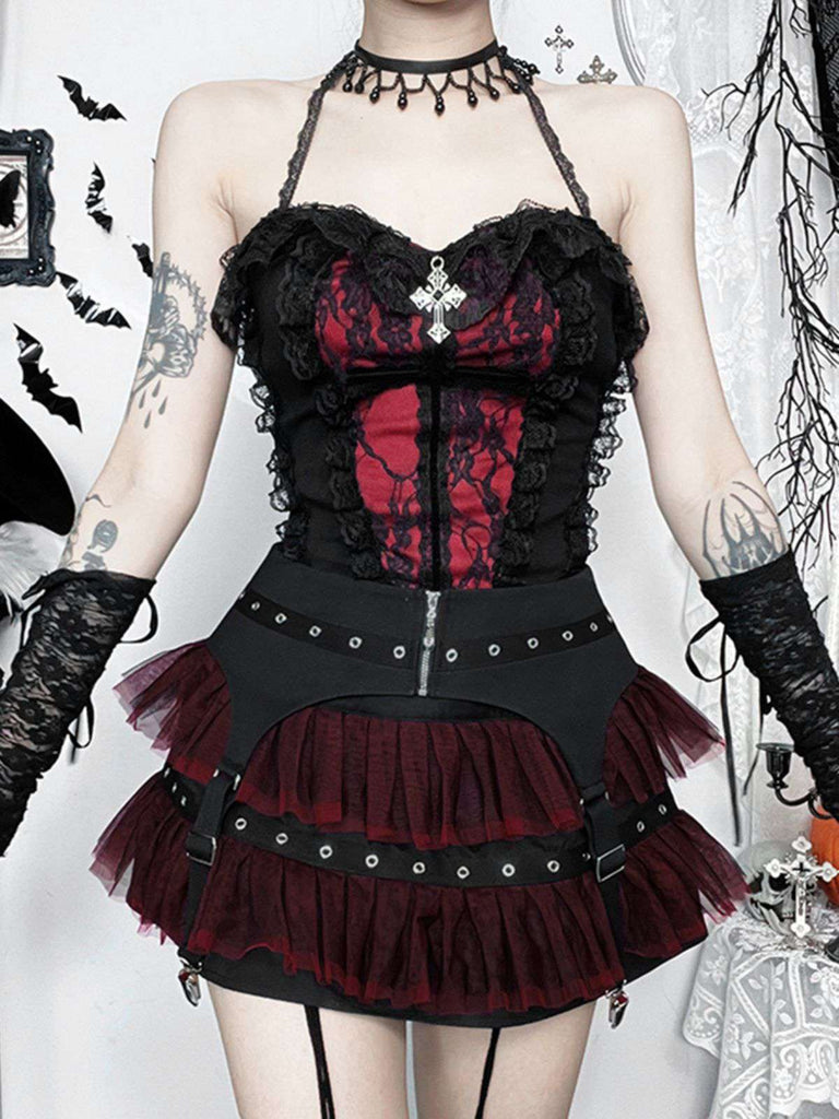 2PCS Black 1980s Gothic Steampunk Halter Cross Camisole & Mini Skirt