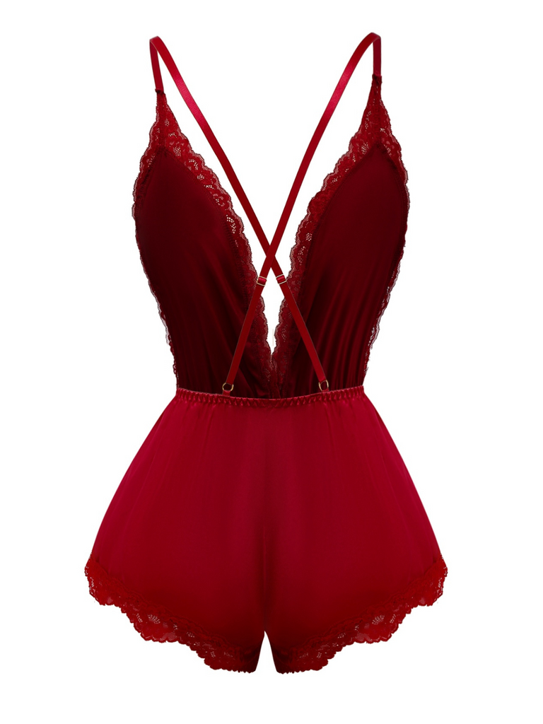 1950s Lace Satin Deep V Backless Sleep Romper