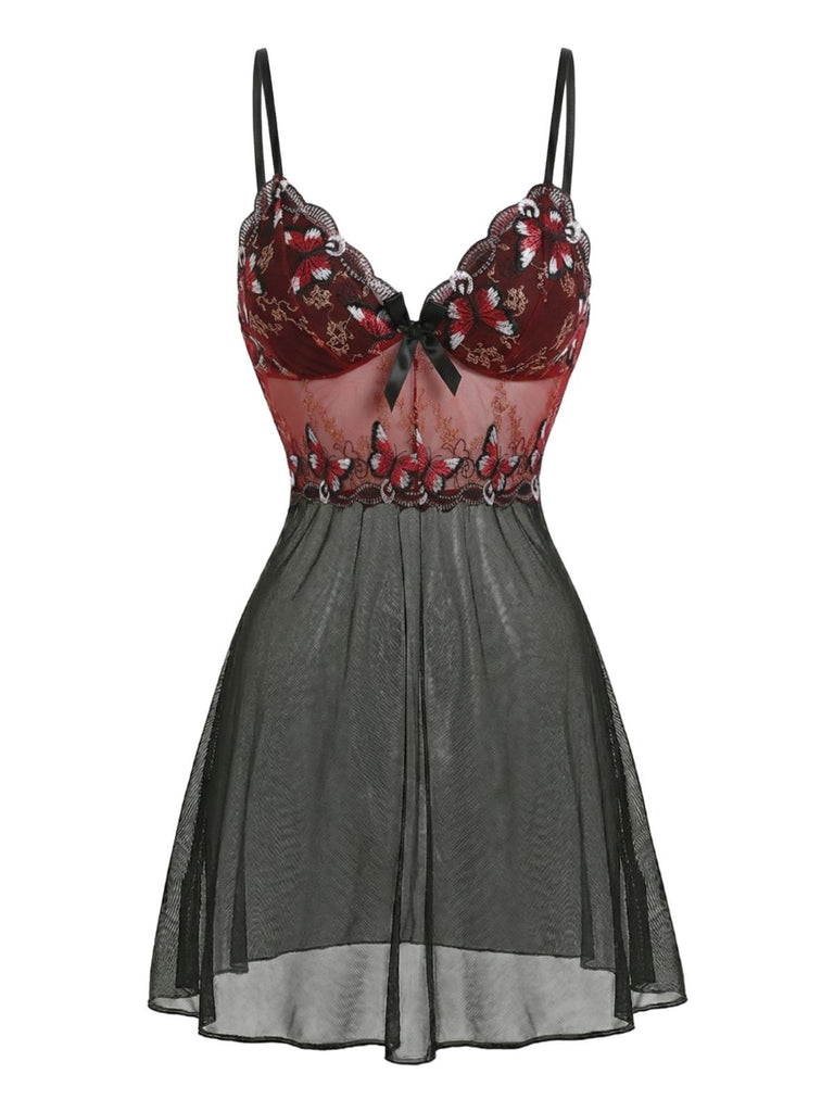 Black 1960s Butterfly Embroidered Bow Mesh Strap Nightgown