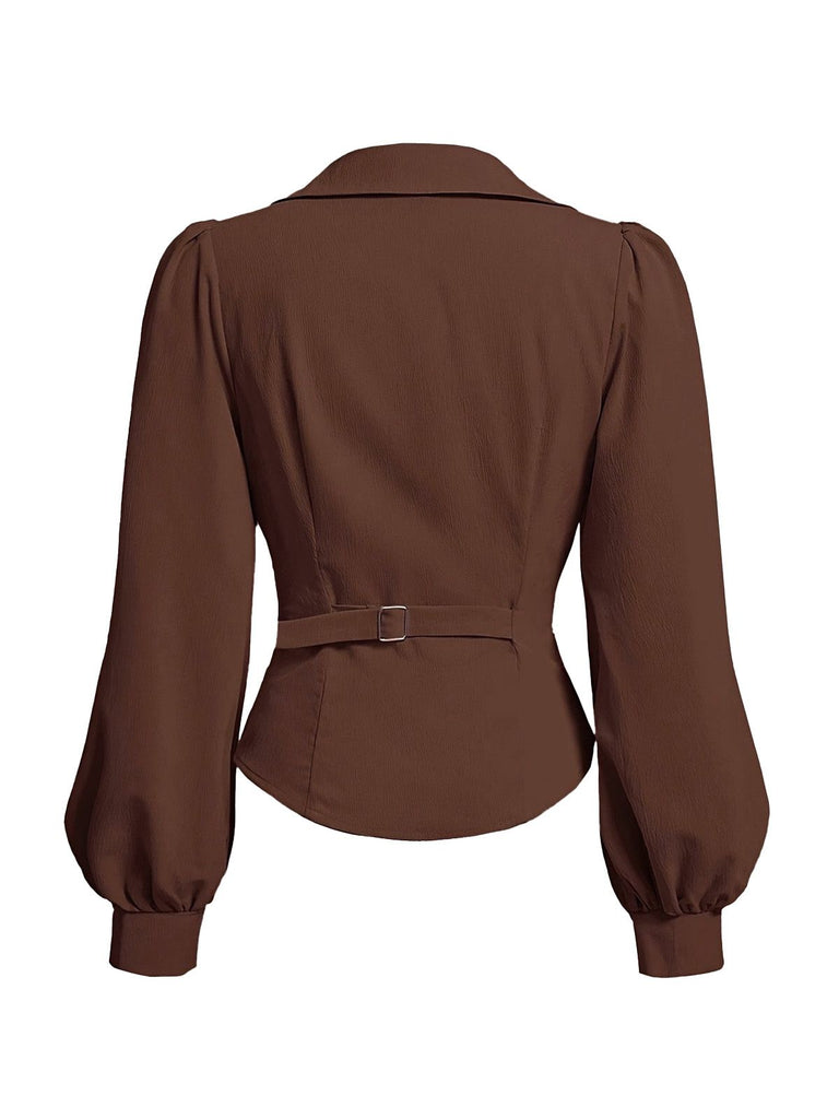 Coffee 1930s Lapel V-Neck Fitted Waist Lantern Sleeve Blouse