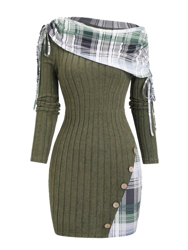 Olive Green 1960s Plaid Accent Button Detail Ribbed Dress