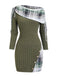 Olive Green 1960s Plaid Accent Button Detail Ribbed Dress