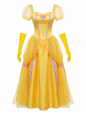 Yellow 1970s Princess Rose Bow Puff Sleeve Dress Set