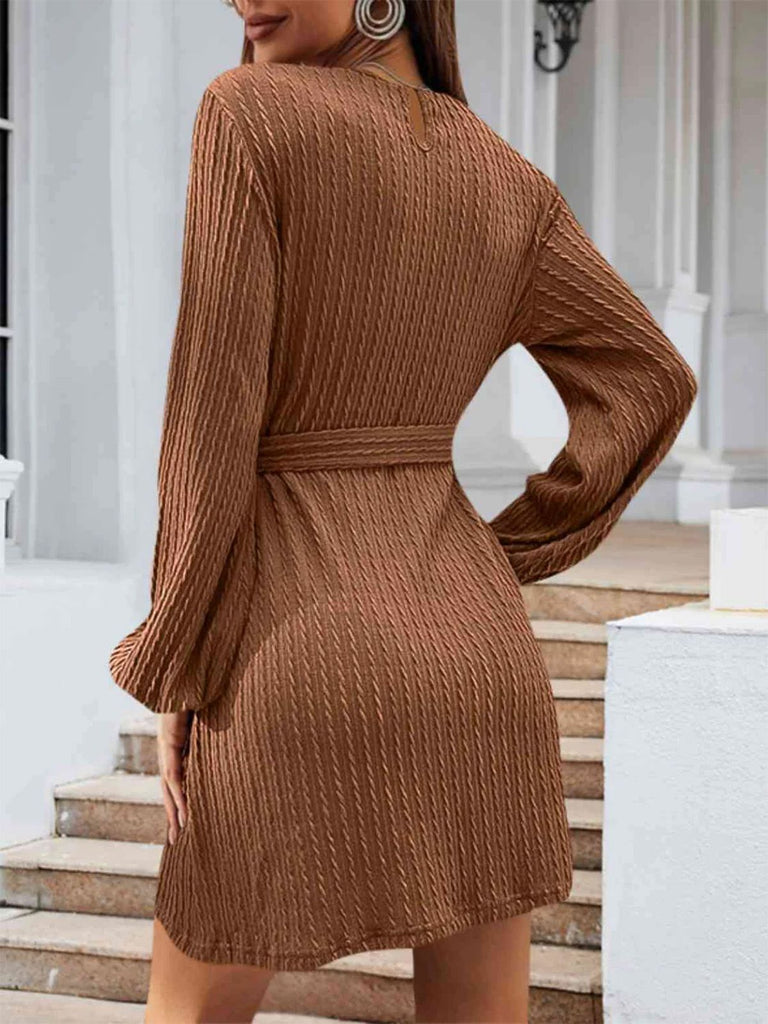 1960s Ribbed Knit Belted Round Neck Dress
