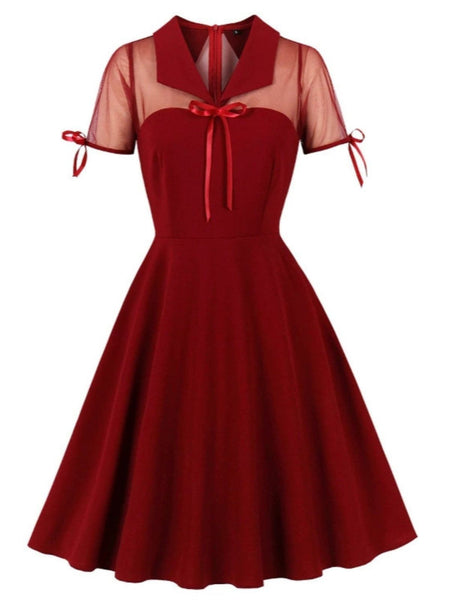 1950s Lapel Mesh Patchwork Swing Dress