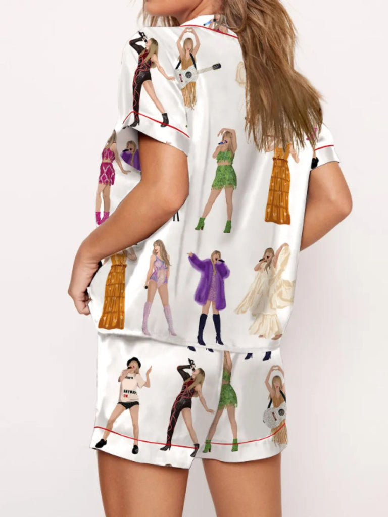 2PCS 1960s Singer Cartoon Print Button Pajama Set