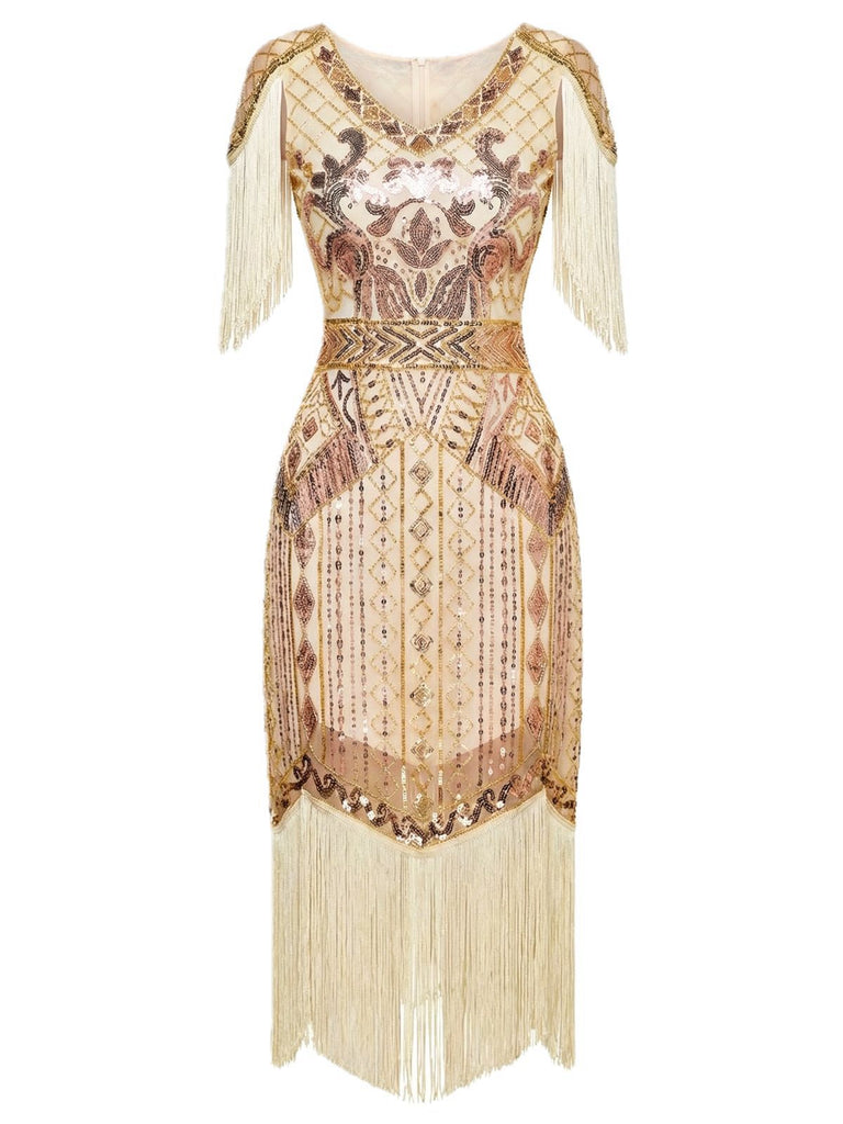 1920s Sequin Fringe Flapper V-Neck Dress