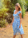 Blue 1950s Puff Sleeve Sweetheart Neck Floral Swing Dress