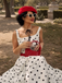 White 1950s Square Neck Polka Dot Sleeveless Pleated Dress