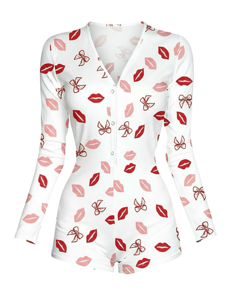 1980s V-Neck Heart Slip Print Romper Pajama