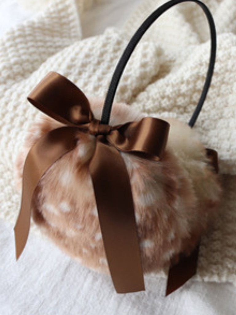 Vintage Khaki Deer Style Faux Fur Bow Earmuffs