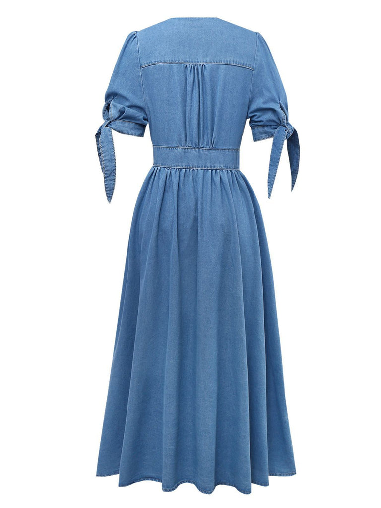 Blue 1940s V-Neck Knot Cuff Denim Dress