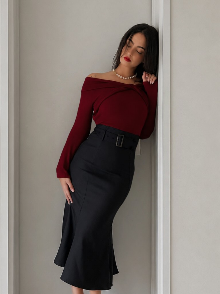 Black 1930s Off Shoulder Knit Belt Mermaid Dress