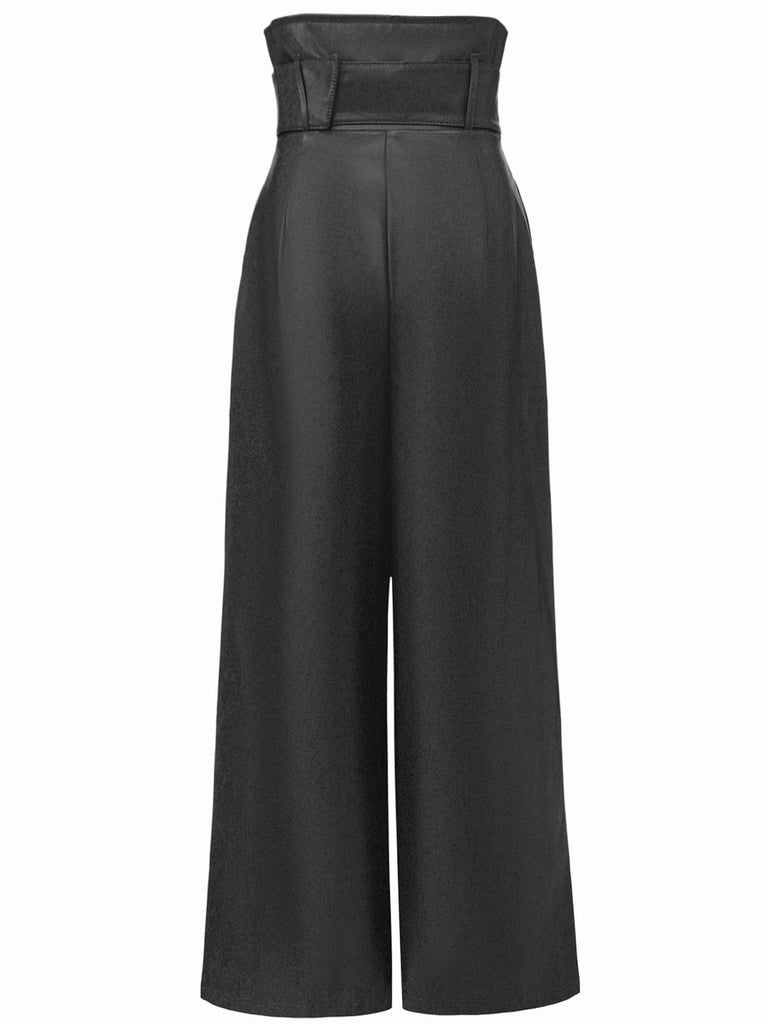 1940s High-Waist Metal Belt PU Leather Wide-Leg Pants