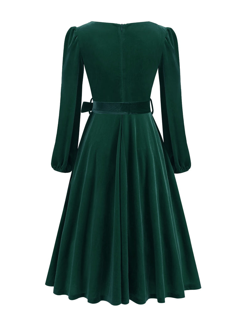 1950s Christmas Velvet Square Neck Long Sleeve Dress