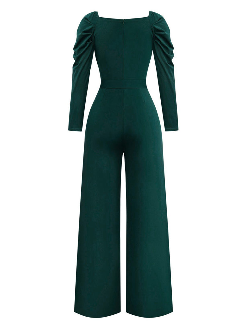 1930s Solid Ruched V-Neck Belted Jumpsuit