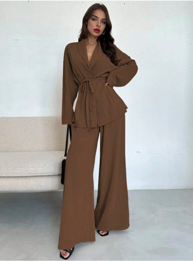 2PCS 1960s Solid Lace-Up Blazer & Pants Set