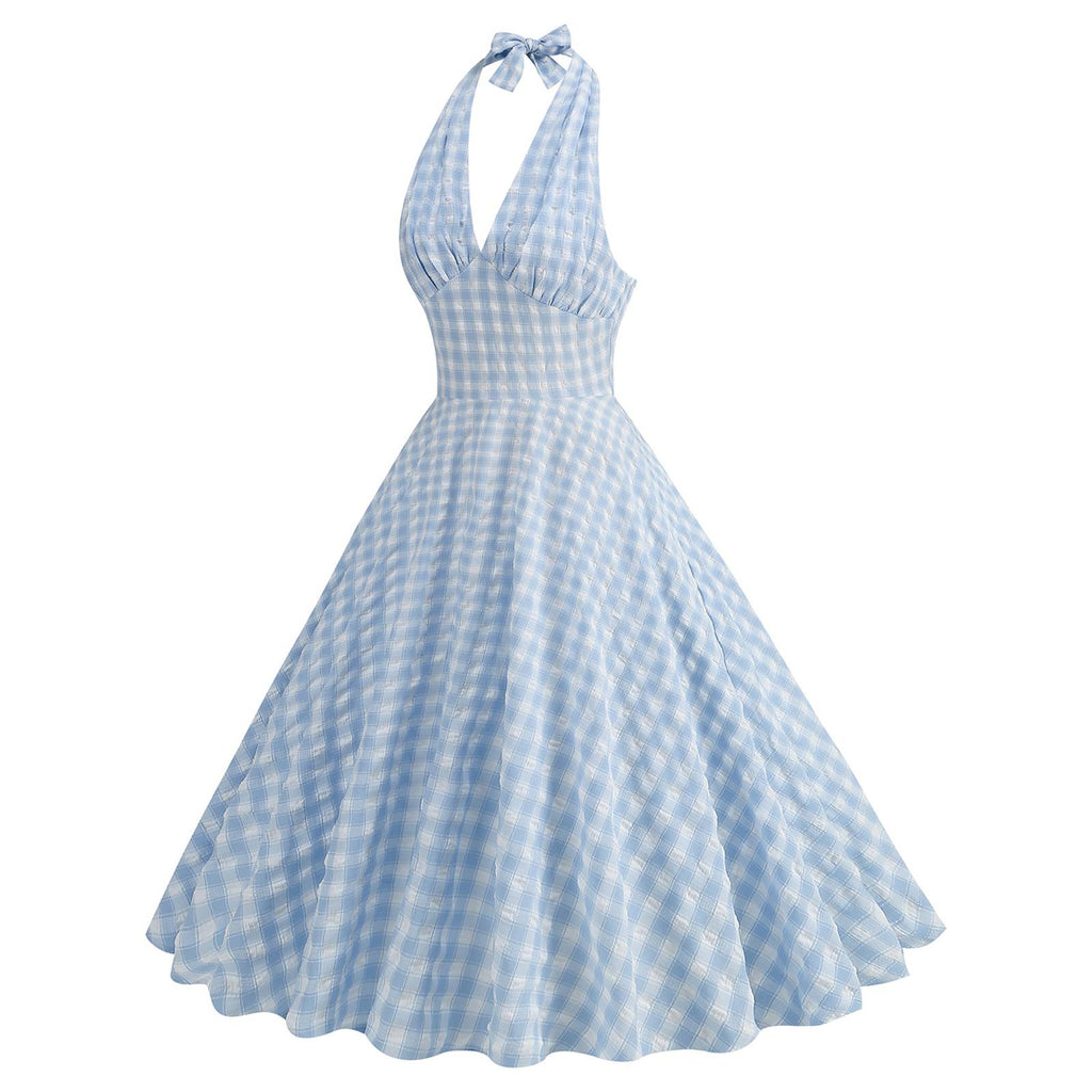 Blue 1950s Halter Plaid Swing Dress