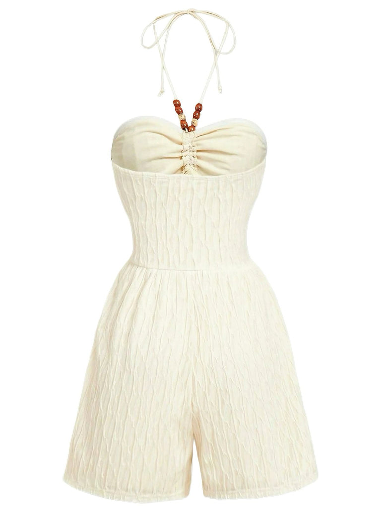 Beige 1940s Beaded Ruched Halter Waist Romper