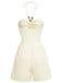 Beige 1940s Beaded Ruched Halter Waist Romper